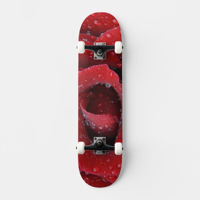 Dew covered red rose decorating grave site in skateboard (Front)