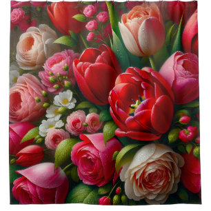 “Dew-Kissed Elegance: Roses and Tulips" Shower Curtain