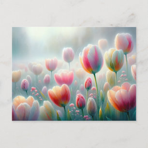 Dew-Kissed Tulips in Soft Morning Light Postcard