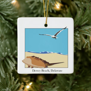 Dewey Beach, DE Horseshoe Crab Sea Gull Beach Ceramic Ornament