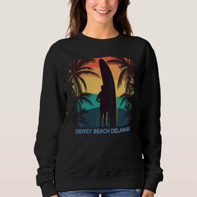 Dewey Beach Delaware De Palm Tree Surfboard Surfer Sweatshirt (Front)