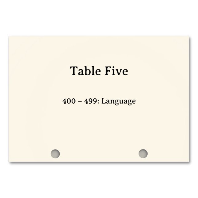 Dewey Decimal System Card Catalogue Table Numbers (Front)