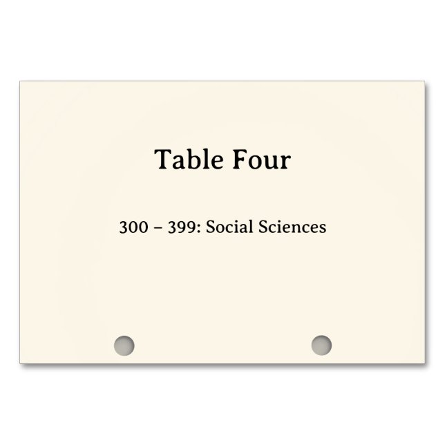 Dewey Decimal System Card Catalogue Table Numbers (Front)