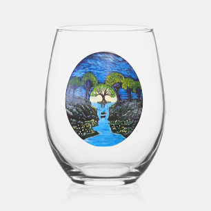 DG Paintings Moonlight Waterfall Stemless Wine Glass
