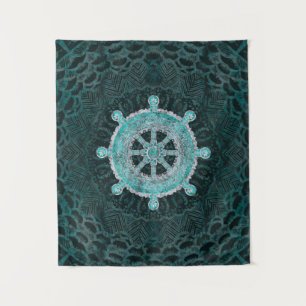 Dharma Wheel - Dharmachakra Silver and turquoise Tapestry