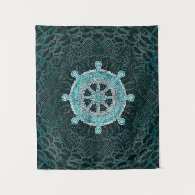 Dharma Wheel - Dharmachakra Silver and turquoise Tapestry (Front)