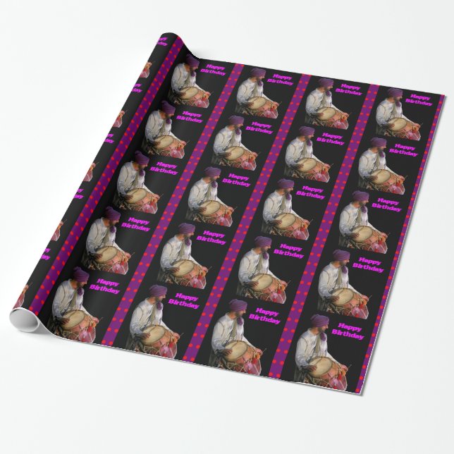 Dhol Drum and Bhangra Drummer, Happy Birthday Wrapping Paper (Unrolled)