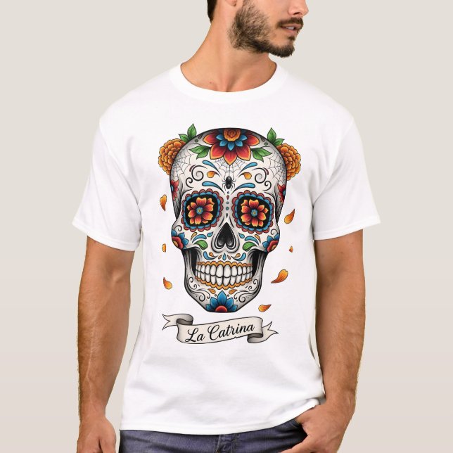 Dia de los muertes skull. Mexican Day of the Dead T-Shirt (Front)