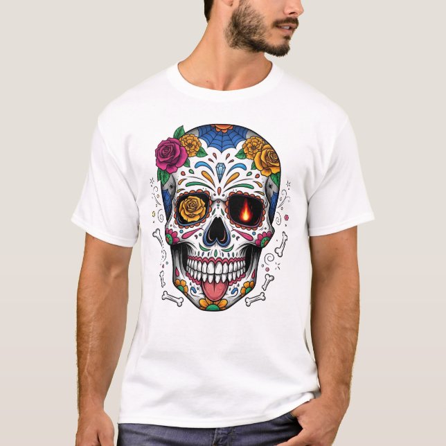 Dia de los muertes skull. Mexican Day of the Dead T-Shirt (Front)