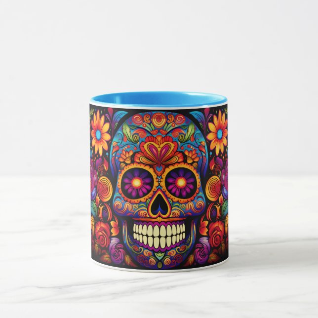 Dia de los Muertos Add Name Skull Sky Blue Inside Mug (Center)