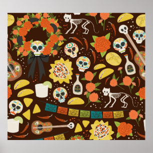 Dia De Los Muertos, cartoon pattern. Poster