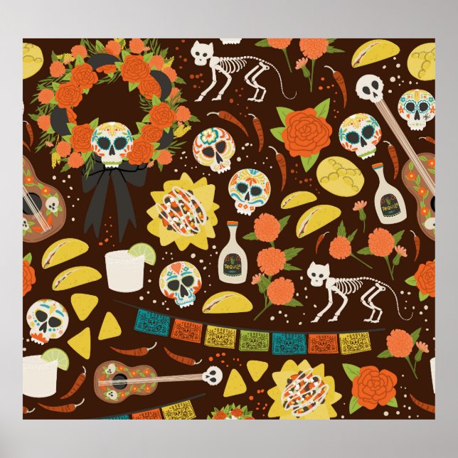 Dia De Los Muertos, cartoon pattern. Poster (Front)