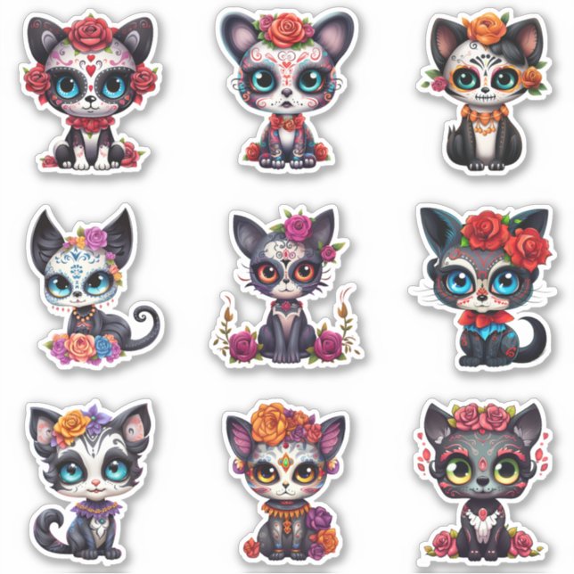 Dia de Los Muertos Cat Stickers - Set of 9 (Front)