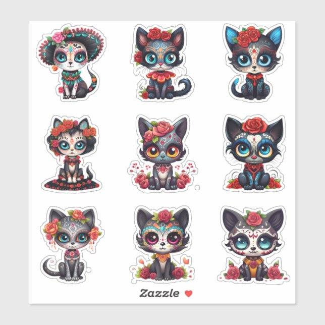 Dia de Los Muertos Cat Stickers - Set of 9 (Sheet)