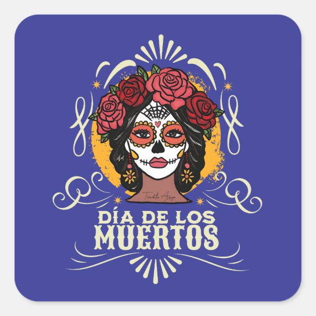 Día de los Muertos Catrina con Rosas Square Sticker (Front)
