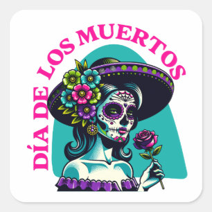 Día de los Muertos Catrina Rose Pop Art Square Sticker