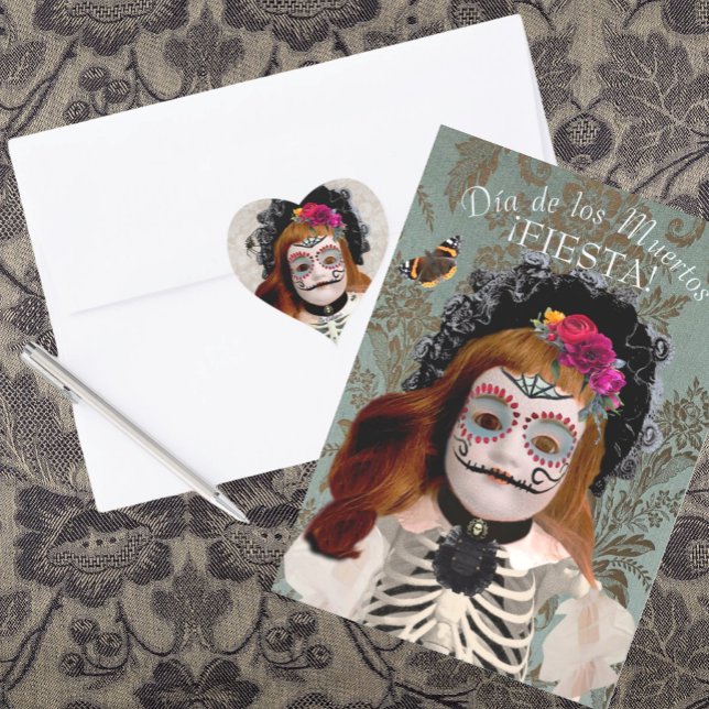 Día de los Muertos celebration Invitation (Our matching 'La Catrina' heart stickers are perfect for sealing your invitations.)