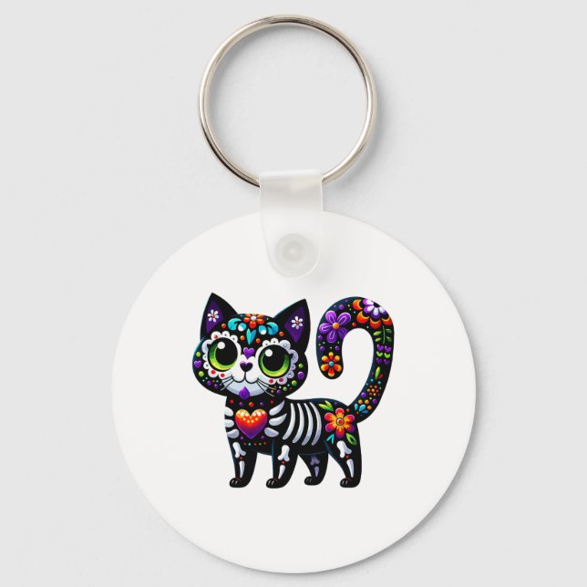 Dia De Los Muertos Cinco De Mayo Cat Sugar Skull M Key Ring (Front)