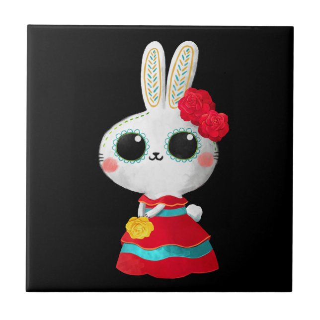 Dia De Los Muertos Cute Bunny Red Dress Mexican   Ceramic Tile (Front)