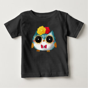 Dia De Los Muertos Cute Owl Mexican Skull Bowtie  Baby T-Shirt