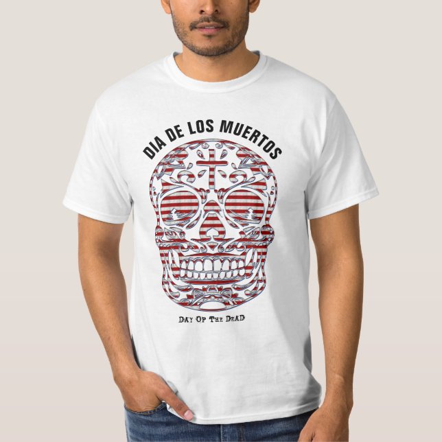 Dia de los Muertos, Day of The Dead Skull Stripes T-Shirt (Front)