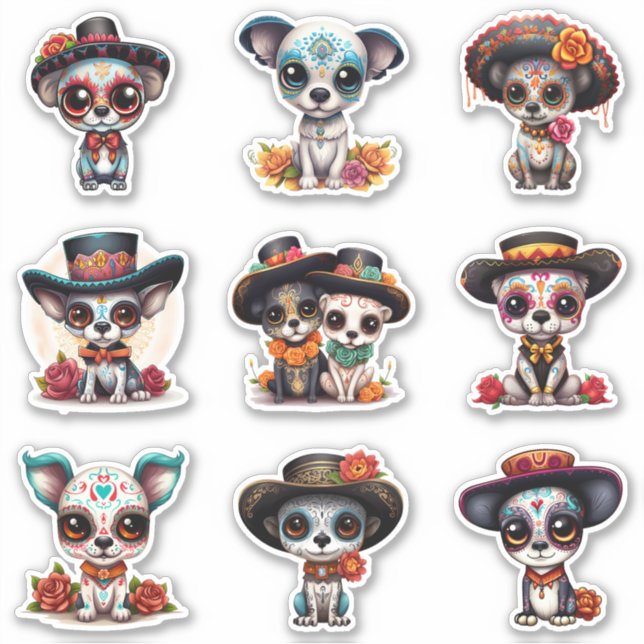 Dia de Los Muertos Dog Stickers - Set of 9 (Front)