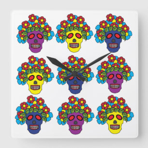 Dia De Los Muertos Floral Skull Dia De Los Muertos Square Wall Clock