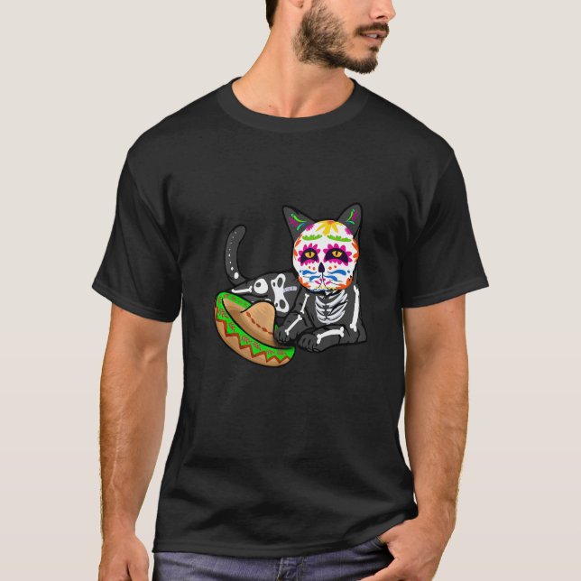Dia De Los Muertos  for Men Cute Flower Cat Sugar  T-Shirt (Front)