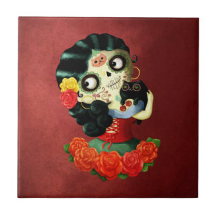 Dia de Los Muertos Lovely Mexican Catrina Girl Ceramic Tile