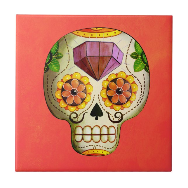 Dia de Los Muertos Mexican Sugar Skull Ceramic Tile (Front)