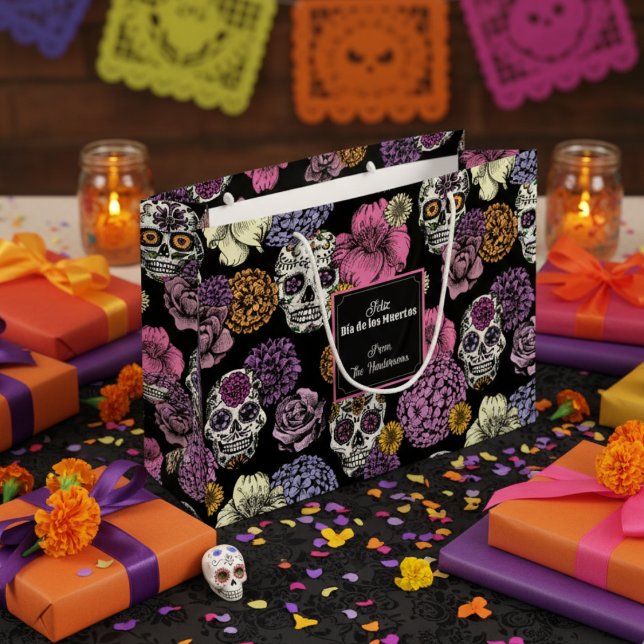 Dia de los Muertos Mexican Sugar Skulls & Flowers Large Gift Bag (Colorful Mexican Dia De los Muertos Calavera Gift Bag. Sugar Skulls, Flowers & Roses for Halloween)