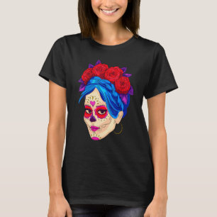 Dia De Los Muertos Mexico Flowers Girl Mask La Cat T-Shirt