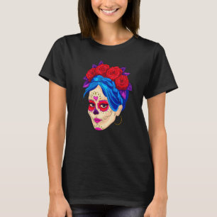 Dia De Los Muertos Mexico Flowers Girl Mask La Cat T-Shirt