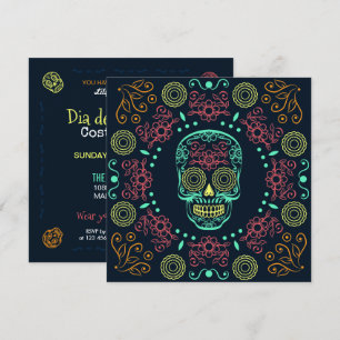 Dia de los Muertos Neon Floral Skull   Invitation
