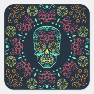 Dia de los Muertos Neon Floral Skull Sticker Seal