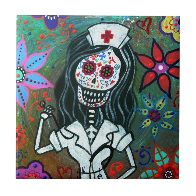 Dia de los Muertos Nurse RN painting Ceramic Tile (Front)