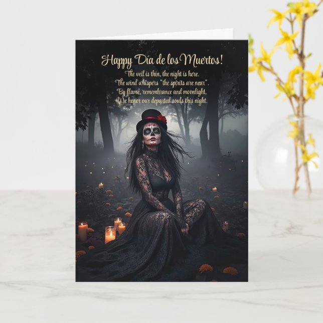 Dia de los Muertos Pretty Woman Sugar Skull  Card (Yellow Flower)