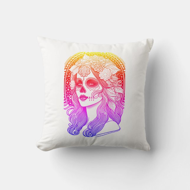 Día De Los Muertos, rainbow Cushion (Front)