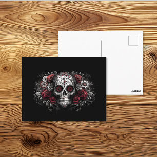Dia de los Muertos Red Floral Skull Art Postcard