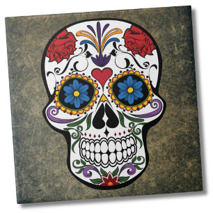 Dia De Los Muertos Red Roses Sugar Skull Ceramic Tile