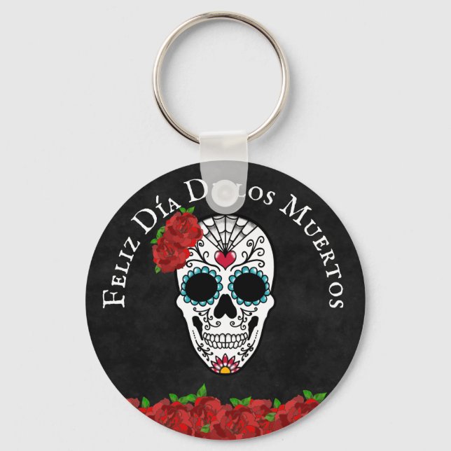 Dia De Los Muertos Red Turquoise Sugar Skull Key Ring (Front)