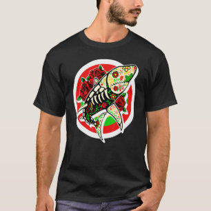 Dia De Los Muertos Shark Sugar Skull Floral Mexico T-Shirt