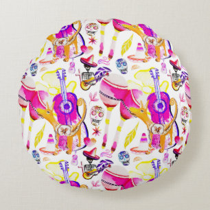 Dia De Los Muertos- Skeleton, Dog, Mexican Music Round Cushion