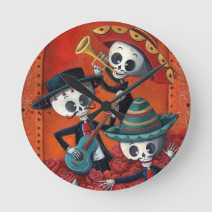 Dia de Los Muertos Skeleton Mariachi Trio Round Clock