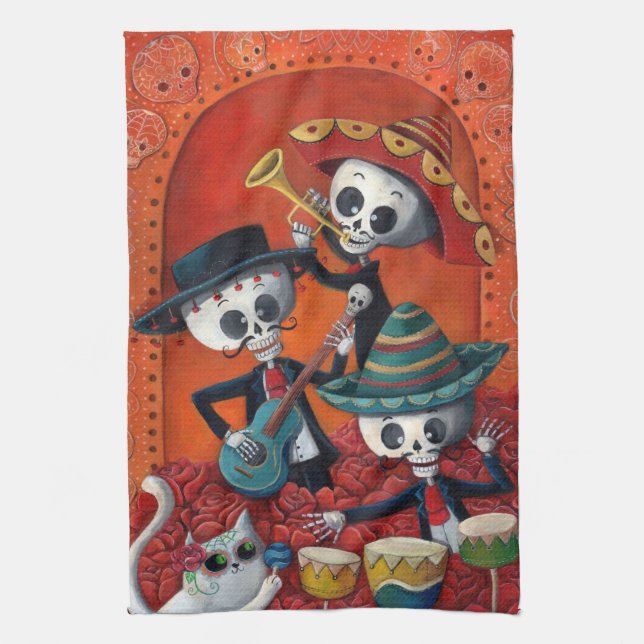 Dia de Los Muertos Skeleton Mariachi Trio Tea Towel (Vertical)