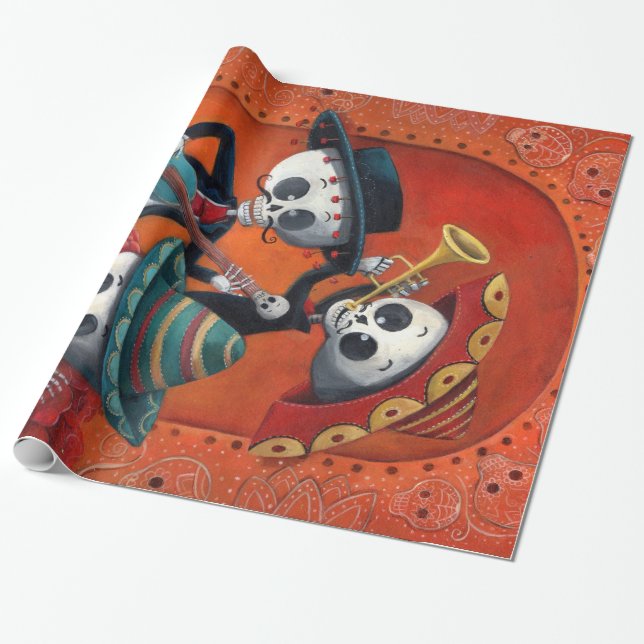 Dia de Los Muertos Skeleton Mariachi Trio Wrapping Paper (Unrolled)