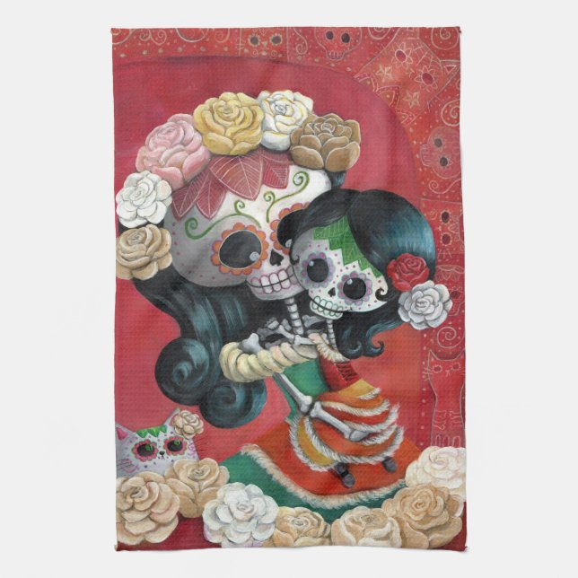 Dia de Los Muertos Skeletons Mother and Daughter Tea Towel (Vertical)