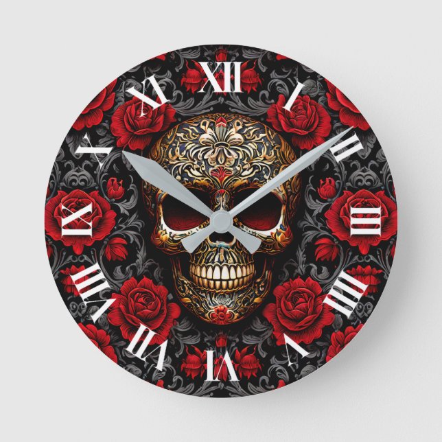 Dia de los Muertos Skull and Red Roses Round Clock (Front)