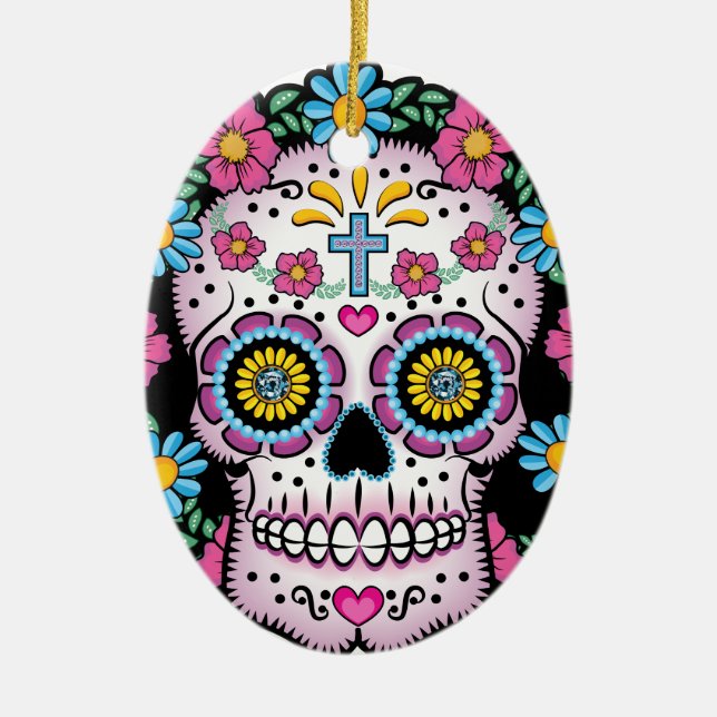Dia de los Muertos Skull Ceramic Tree Decoration (Front)