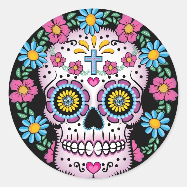 Dia de los Muertos Skull Classic Round Sticker (Front)